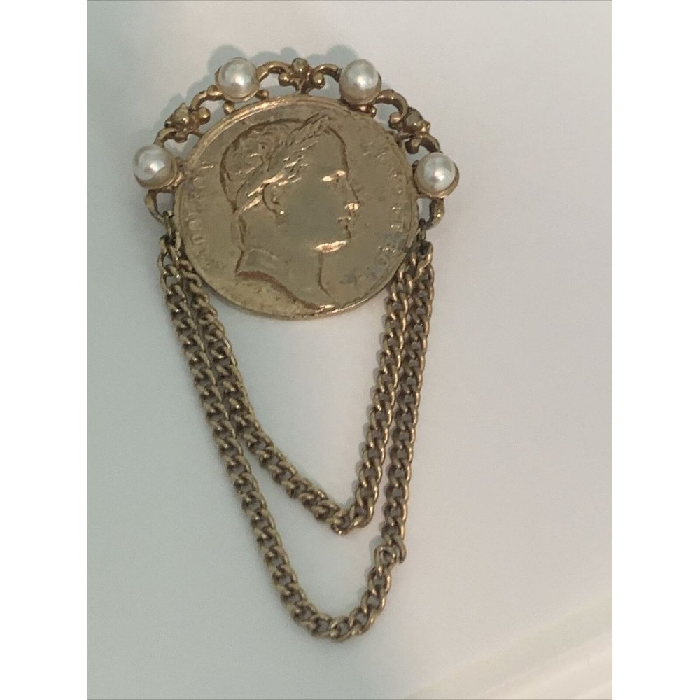 Vintage Napoleon Emperor Coin Brooch Gold Tone Pin Pearls
